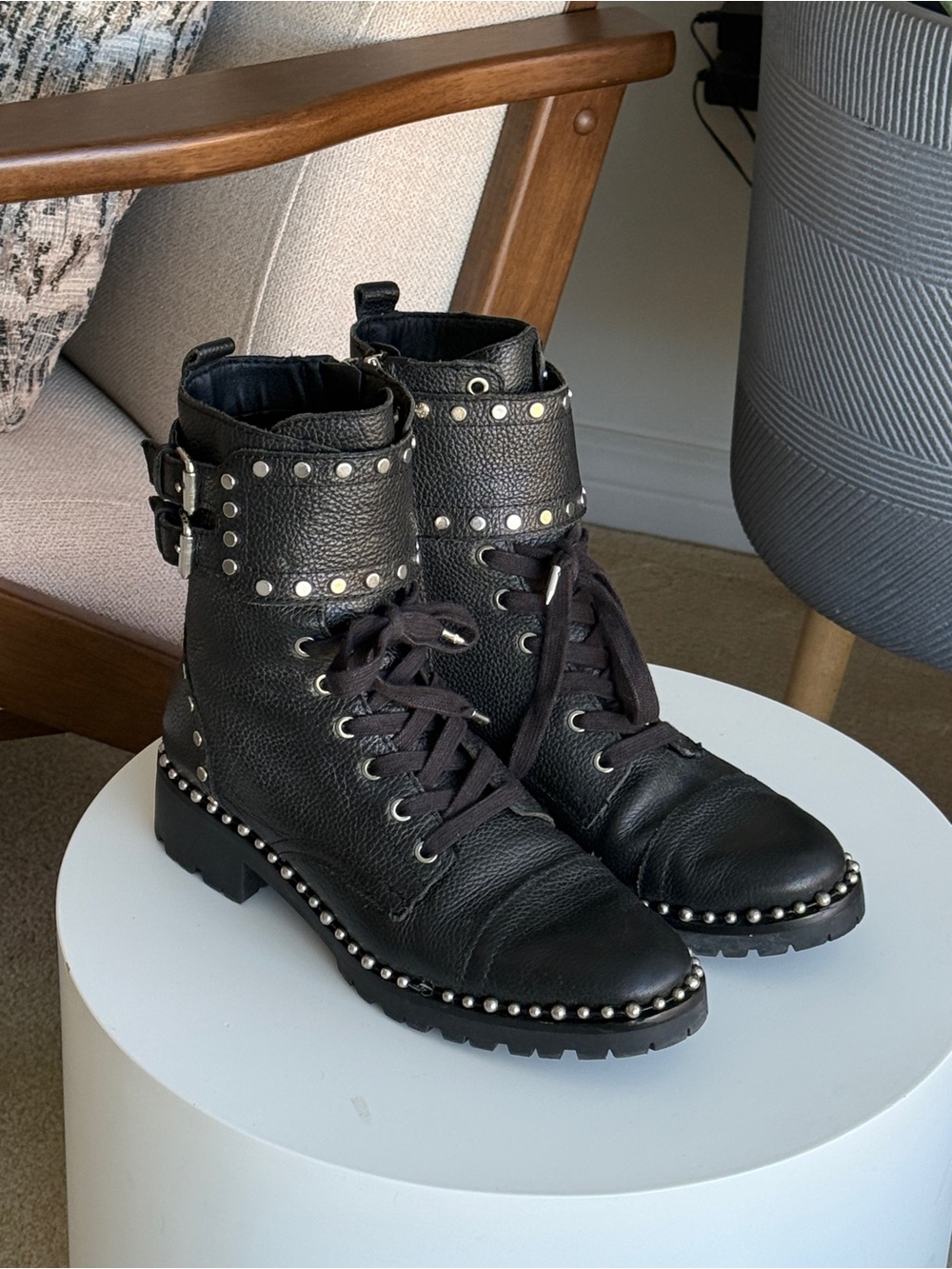 Sam Edelman Black Studded Leather Lace-Up Ankle Boots